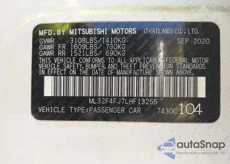 2020 Mitsubishi Mirage G4 Le/Se z USA, uszkodzony, nr VIN ML32F4FJ7LHF13255
